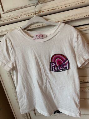 White Kids' Logo Tee with Pink & Red Patch